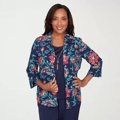 Alfred Dunner Saratoga Springs Womens Round Neck 3/4 Sleeve Layered Top In Blue