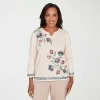 Alfred Dunner Saratoga Springs Womens Split Crew Neck 3/4 Sleeve Floral Pullover Sweater In Sand