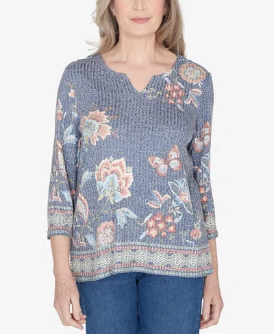 Alfred Dunner Scottsdale Women's Floral Border Split Neck Top In Navymul