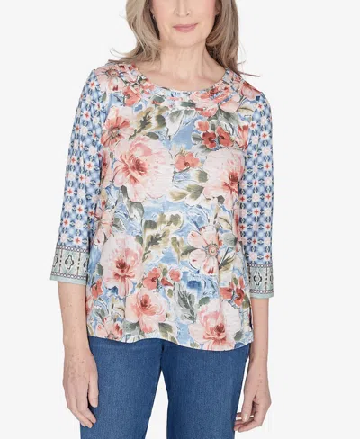 Alfred Dunner Petite Scottsdale Floral Geometric Triple Knot Top In Multi
