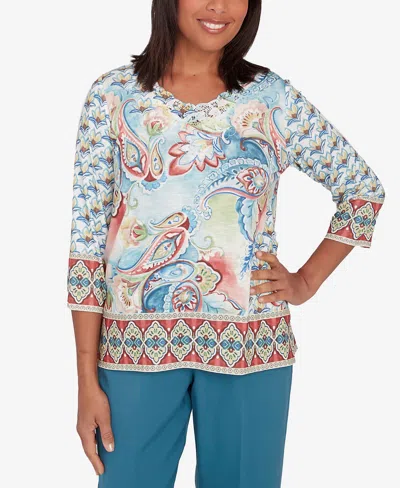 Alfred Dunner Petite Sedona Sky Embellished Medallion Paisley Top In Multi