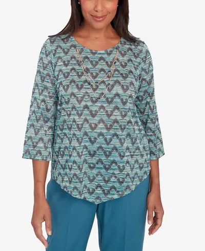 Alfred Dunner Sedona Sky Women's Novelty Space Dye Top With Necklace In Mallard