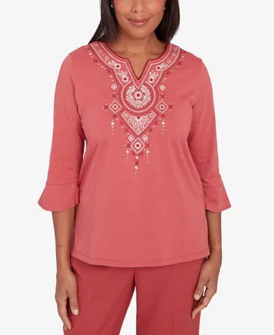 Alfred Dunner Sedona Sky Women's Split Neck Floral Embroidered Top In Clay