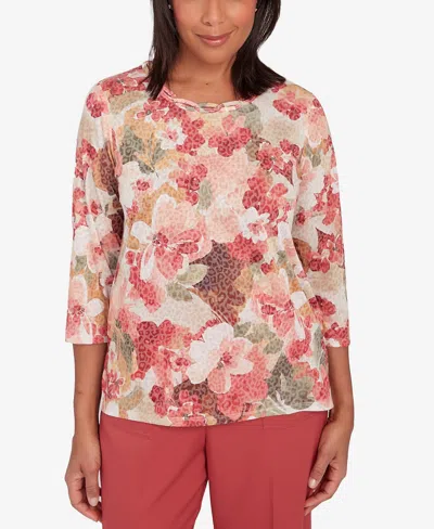 Alfred Dunner Sedona Sky Women's Watercolor Knotted Neck Floral Top In Clay
