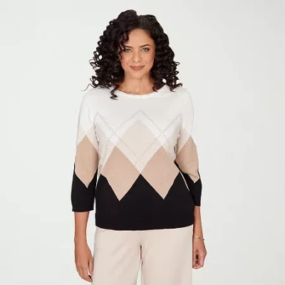 Alfred Dunner Seville Womens Boat Neck 3/4 Sleeve Argyle Pullover Sweater In Brown