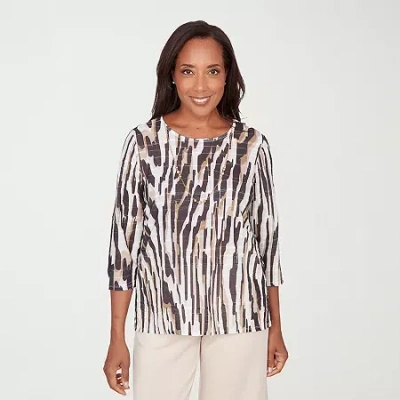 Alfred Dunner Seville Womens Crew Neck 3/4 Sleeve T-shirt In Brown