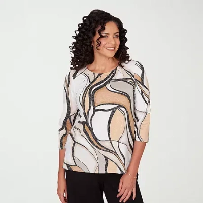 Alfred Dunner Seville Womens Crew Neck 3/4 Sleeve T-shirt In White