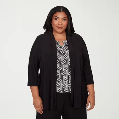 Alfred Dunner Seville Womens Plus Crew Neck 3/4 Sleeve Layered Top In Black