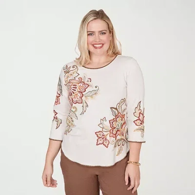 Alfred Dunner Spice Market Womens Crew Neck 3/4 Sleeve T-shirt In White