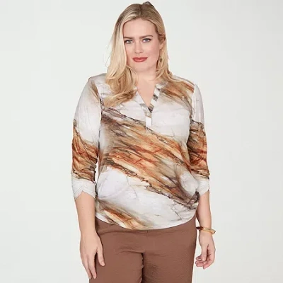 Alfred Dunner Spice Market Womens Split Crew Neck 3/4 Sleeve T-shirt In Multi