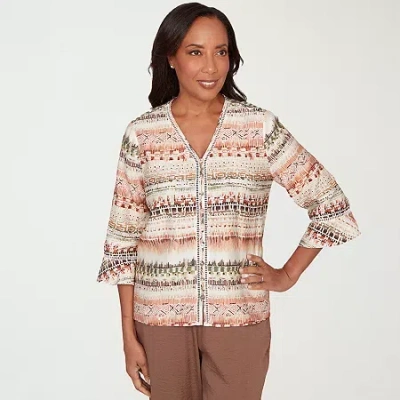 Alfred Dunner Spice Market Womens V Neck 3/4 Sleeve Blouse In Multi