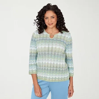 Alfred Dunner St Augustine Womens Crew Neck 3/4 Sleeve Pullover Sweater In Green