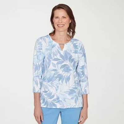 Alfred Dunner St Augustine Womens Split Crew Neck 3/4 Sleeve T-shirt In Blue