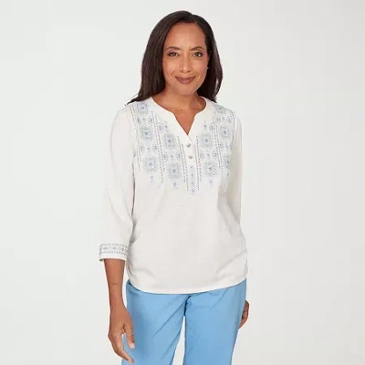 Alfred Dunner St Augustine Womens Split Crew Neck 3/4 Sleeve T-shirt In White