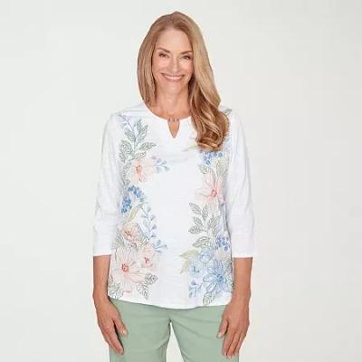 Alfred Dunner Women's St. Augustine Blooming Floral Embroidered Split Neck Top In White