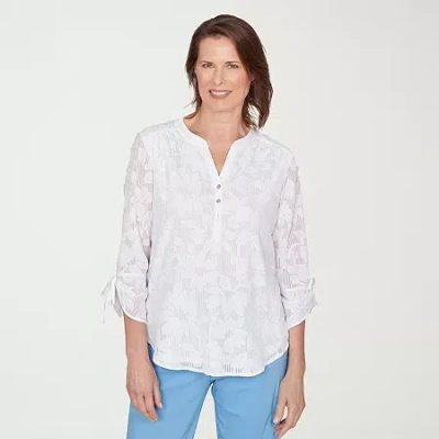 Alfred Dunner St Augustine Womens Y Neck 3/4 Sleeve Blouse In White