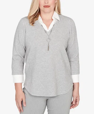 Alfred Dunner Stockbridge Diamond Jacquard Two In One Top With Necklace In Gray