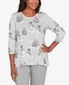 Alfred Dunner Stockbridge Playful Snowmen Scene Knit Top In Gray
