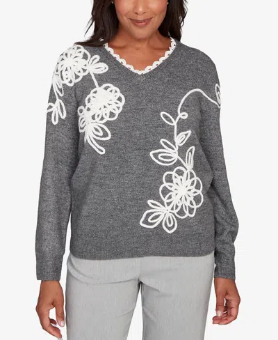 Alfred Dunner Stockbridge Ruffle V-neck Floral Soutache Sweater In Gray