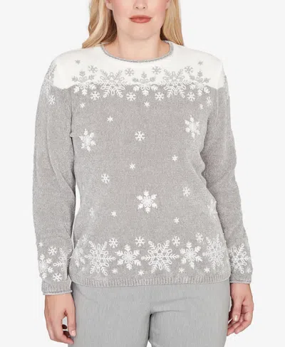 Alfred Dunner Stockbridge Snowflake Embroidery Chenille Sweater In Gray