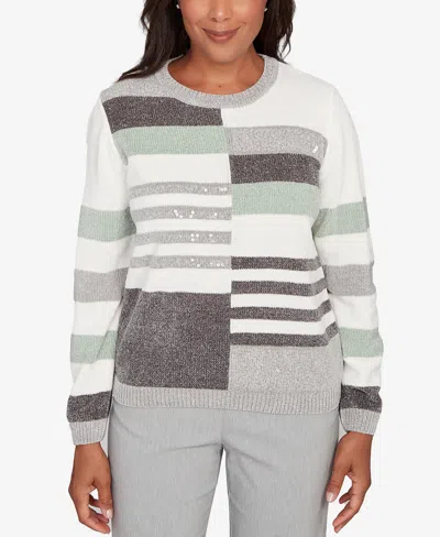 Alfred Dunner Stockbridge Stripe Sequin Colorblock Chenille Sweater In Gray