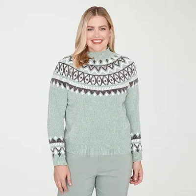 Alfred Dunner Stockbridge Womens Mock Neck Long Sleeve Floral Pullover Sweater In Green