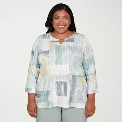 Alfred Dunner Stockbridge Womens Plus Split Crew Neck 3/4 Sleeve T-shirt In Green