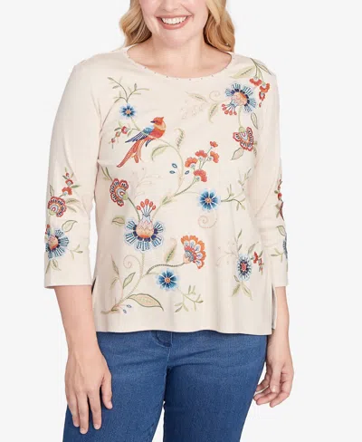 Alfred Dunner Women's Sunset Canyon Allover Floral Embroidered Crew Neck Top In Neutral