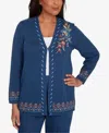Alfred Dunner Petite Sunset Canyon Embroidered Flower Long Sleeve Cardigan In Blue