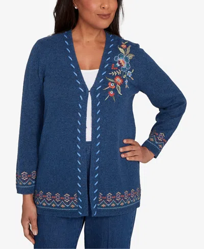 Alfred Dunner Sunset Canyon Embroidered Flower Long Sleeve Cardigan In Blue