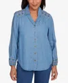 Alfred Dunner Sunset Canyon Needlepoint Embroidered Button Front Top In Blue