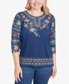Alfred Dunner Sunset Canyon Printed Sleeve Floral Embroidered Top In Blue