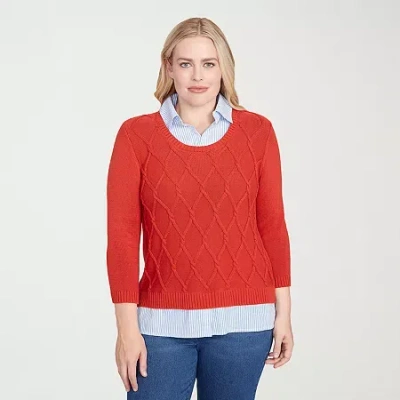 Alfred Dunner Sunset Canyon Womens 3/4 Sleeve Layered Sweater In Red