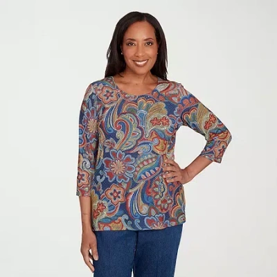 Alfred Dunner Sunset Canyon Womens Crew Neck 3/4 Sleeve T-shirt In Blue