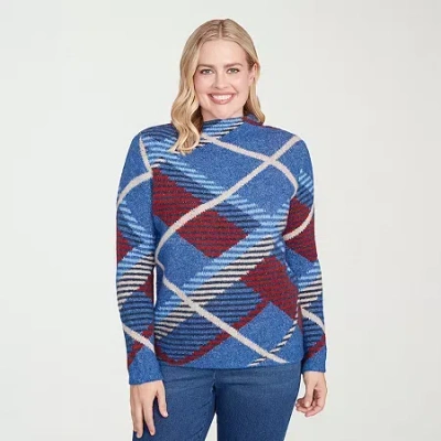 Alfred Dunner Sunset Canyon Womens Mock Neck Long Sleeve Plaid Pullover Sweater In Blue