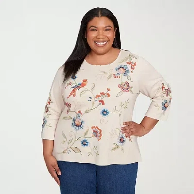 Alfred Dunner Sunset Canyon Womens Plus Crew Neck 3/4 Sleeve T-shirt In Sand