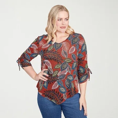 Alfred Dunner Sunset Canyon Womens V Neck 3/4 Sleeve T-shirt In Red