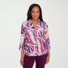 Alfred Dunner Urban Legend Womens 3/4 Sleeve Button-down Shirt In Purple