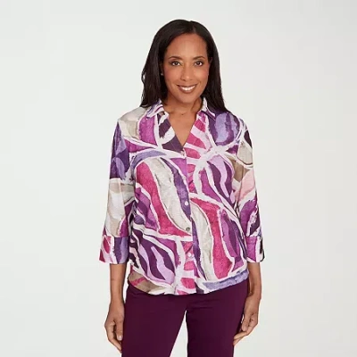 Alfred Dunner Urban Legend Womens 3/4 Sleeve Button-down Shirt In Purple