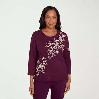 Alfred Dunner Urban Legend Womens Crew Neck 3/4 Sleeve Floral Pullover Sweater In Brown