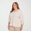 Alfred Dunner Plus Size Urban Legend Center Embellished V-neck Top In Neutral