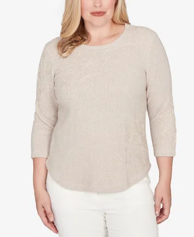 Alfred Dunner Vienna Asymmetrical Floral Soutache Knit Top In Neutral