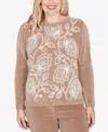 Alfred Dunner Plus Size Vienna Stitched Leaf Detail Chenille Sweater In Brown