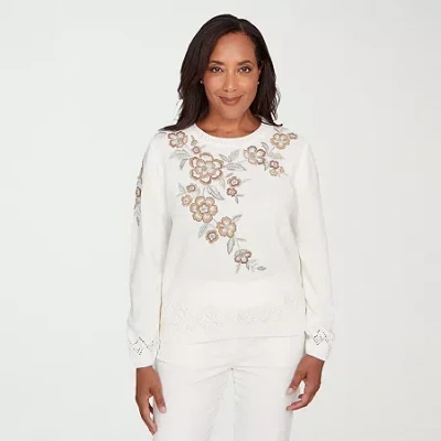 Alfred Dunner Vienna Womens Crew Neck Long Sleeve Floral Pullover Sweater In White