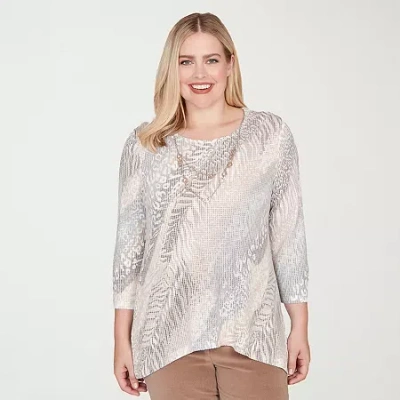 Alfred Dunner Vienna Womens Plus V Neck 3/4 Sleeve T-shirt In Brown