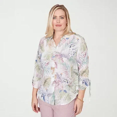 Alfred Dunner Vintage Charm Womens 3/4 Sleeve Regular Fit Button-down Shirt In Multi