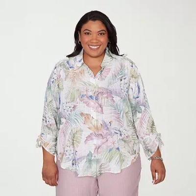 Alfred Dunner Vintage Charm Womens Plus 3/4 Sleeve Classic Fit Button-down Shirt In Multi