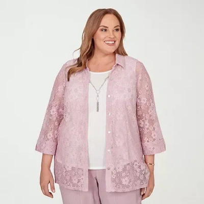 Alfred Dunner Vintage Charm Womens Plus 3/4 Sleeve Layered Top In Pink