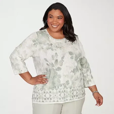 Alfred Dunner Vintage Charm Womens Plus Crew Neck 3/4 Sleeve T-shirt In Green