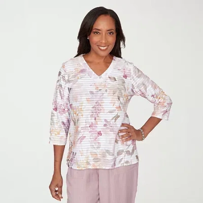 Alfred Dunner Vintage Charm Womens V Neck 3/4 Sleeve T-shirt In Multi